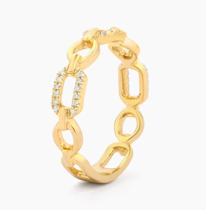 Ella Stein Linked Forever To You Stack Ring in gold — side-angle product shot showing open link construction, pavé diamond-set links, and band profile in gold plating.