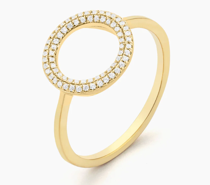 Ella Stein You Are My Everything Statement Ring in gold — angled product shot showing large open circle top with double-row pavé natural diamond border and slim gold band.