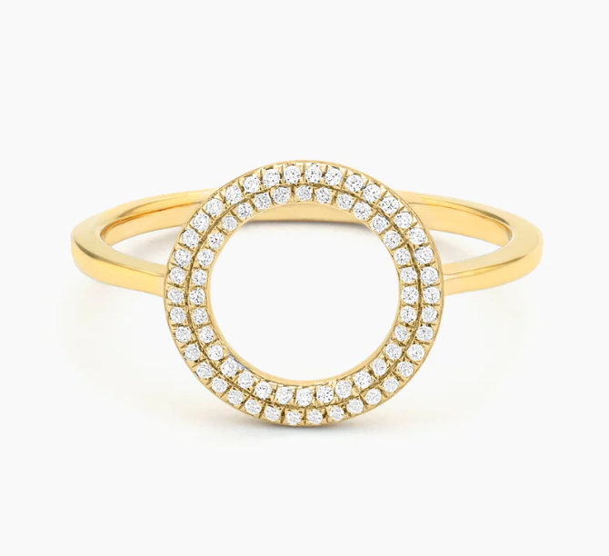 Ella Stein You Are My Everything Statement Ring in gold — straight-on front view showing full double-row pavé diamond open circle top, inner and outer diamond setting, and slim shank in gold plating.