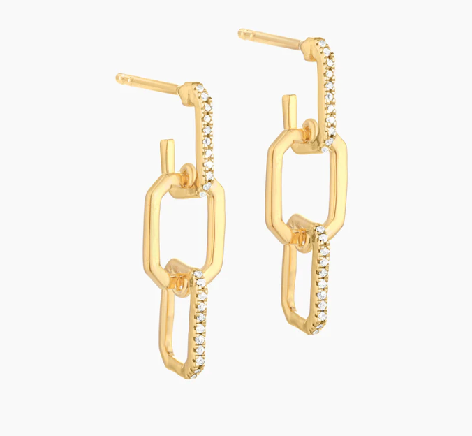 Ella Stein Trio Link Drop Earrings in gold — angled flat lay pair showing three-link drop construction with alternating pavé diamond and polished open rectangular links, post back closure visible.