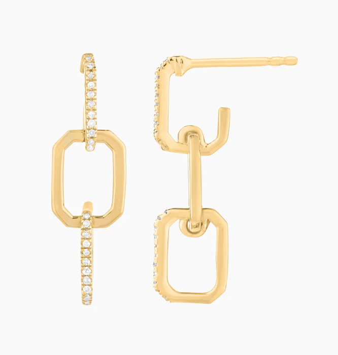 Ella Stein Trio Link Drop Earrings in gold — straight flat lay pair showing full three-link drop silhouette, alternating pavé and open link construction, and post back closure in gold plating.