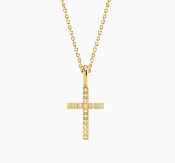 Ella Stein Believe Cross Pendant Necklace in gold, natural diamond pavé cross pendant on fine cable chain, white background.