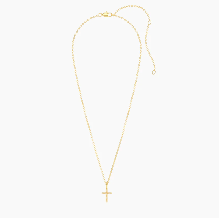 Ella Stein Believe Cross Pendant Necklace in gold, full chain view with lobster clasp and 4-inch extender, diamond pavé cross pendant, white background.