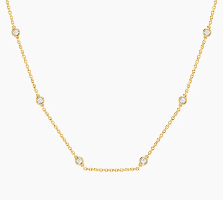 Ella Stein In The Loop Chain Necklace in gold, bezel-set natural diamond stations on fine cable chain, partial chain view, white background.