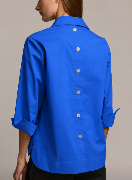 Back view of the Hinson Wu 3/4 Sleeve Aileen Top in cobalt blue, highlighting the row of buttons running center back from collar to hem.