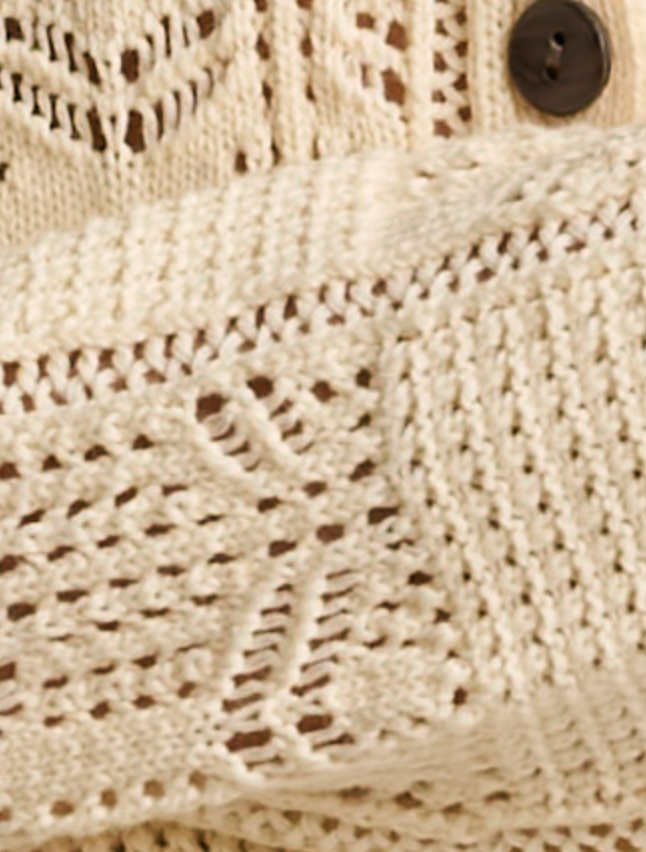 Detail close-up — Lisa Todd Checkmate Button Down Cardigan, pointelle knit texture and dark contrast button closure