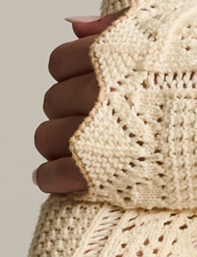 Detail close-up — Lisa Todd Checkmate Button Down Cardigan, scalloped cuff edge on open crochet-knit sleeve