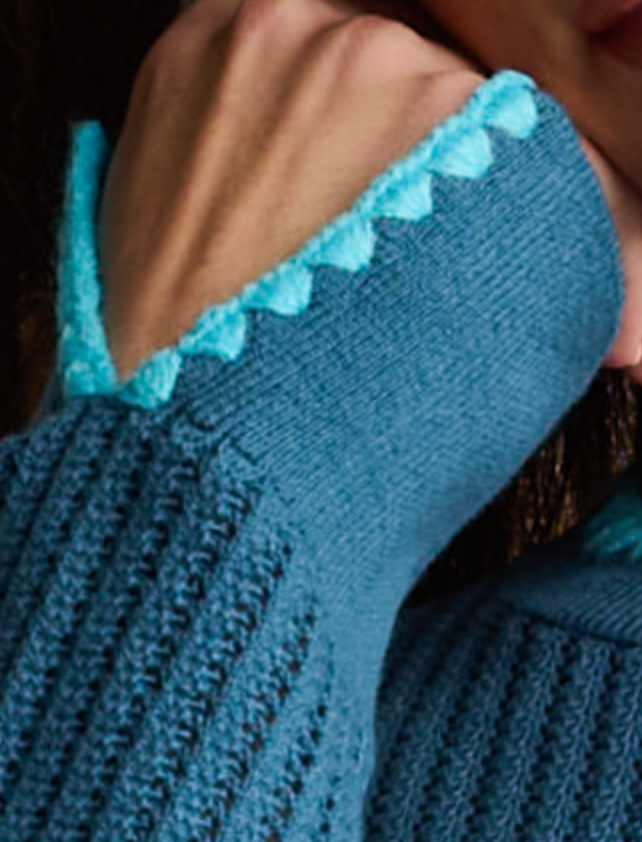 Detail close-up — Lisa Todd Power Stitch Sweater, contrast picot trim on cuff, ribbed pointelle knit