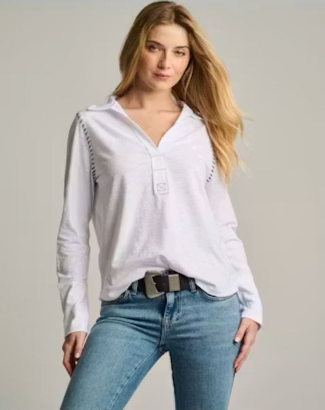 Front on-model — Lisa Todd Whipster Shirt in white, open polo collar with whipstitch placket detail, worn with denim