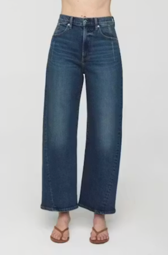Front detail, cropped — Pistola Kyra Ankle High Rise Bowed Jean in Cosmic, waistband and front pocket detail on dark wash denim