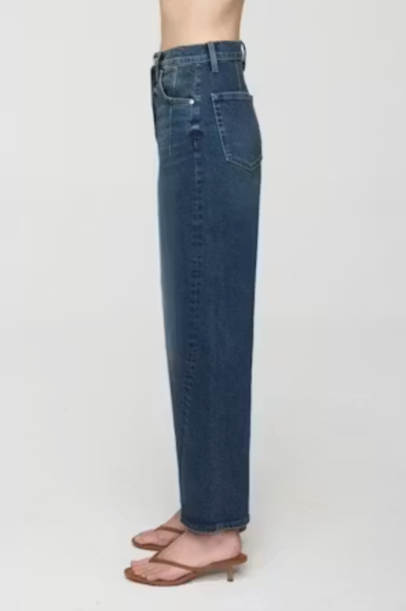 Side on-model — Pistola Kyra Ankle High Rise Bowed Jean in Cosmic, bowed leg shape and ankle length