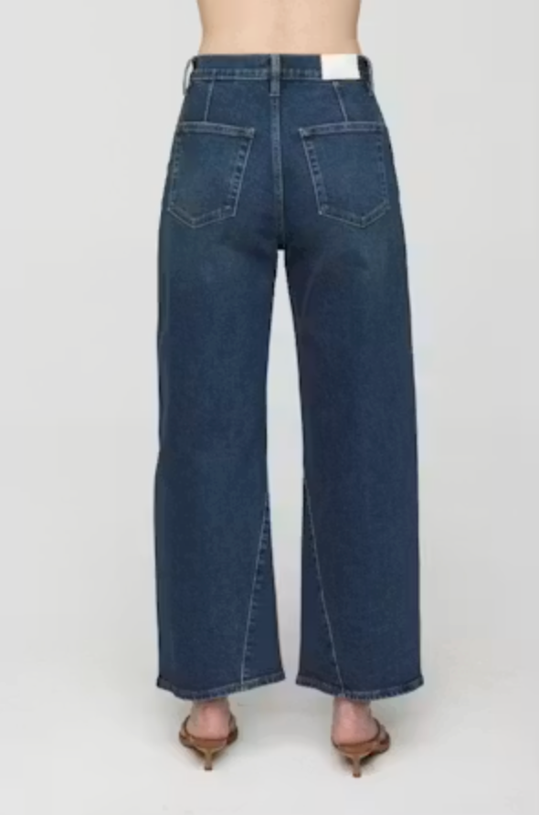 Back on-model — Pistola Kyra Ankle High Rise Bowed Jean in Cosmic, five-pocket back detail on wide-leg denim