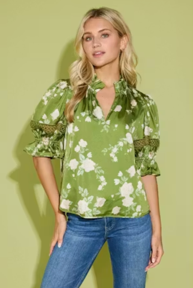 Alden Adair Lottie Top in Green Rosette — front on-model, styled with denim