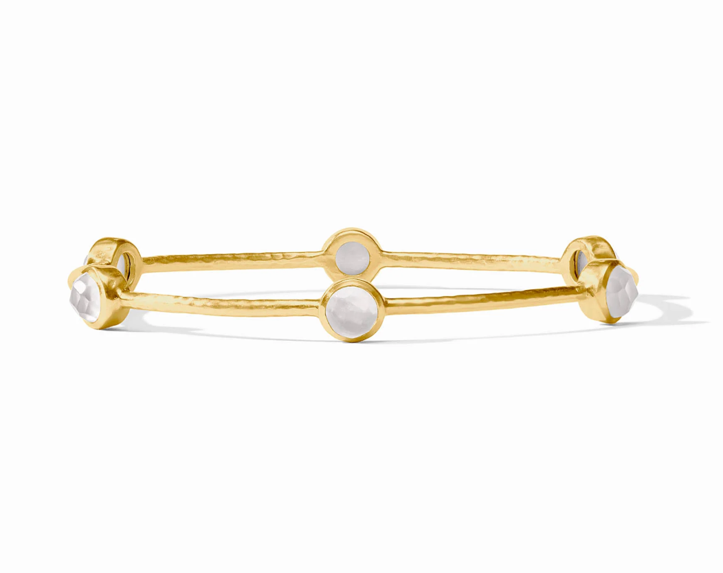 Julie Vos Milano Luxe Bangle in 24K gold plate with glass stone clusters or pearl and hammered band.
