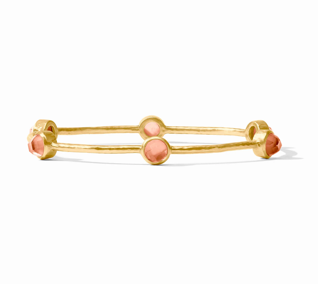 Julie Vos Milano Luxe Bangle in 24K gold plate with glass stone clusters or pearl and hammered band.