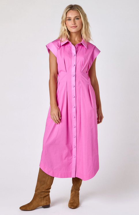 Crosby Quincey Dress in solid pink cotton poplin, styled with a point collar, cap sleeves, and full button front, worn with suede knee-high boots against a white backdrop.-2