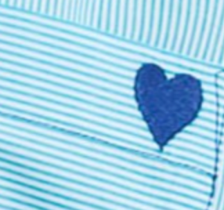 Detail close-up — Lisa Todd Stripe It To Me Shirt, embroidered navy heart on chest pocket, blue fine stripe cotton fabric