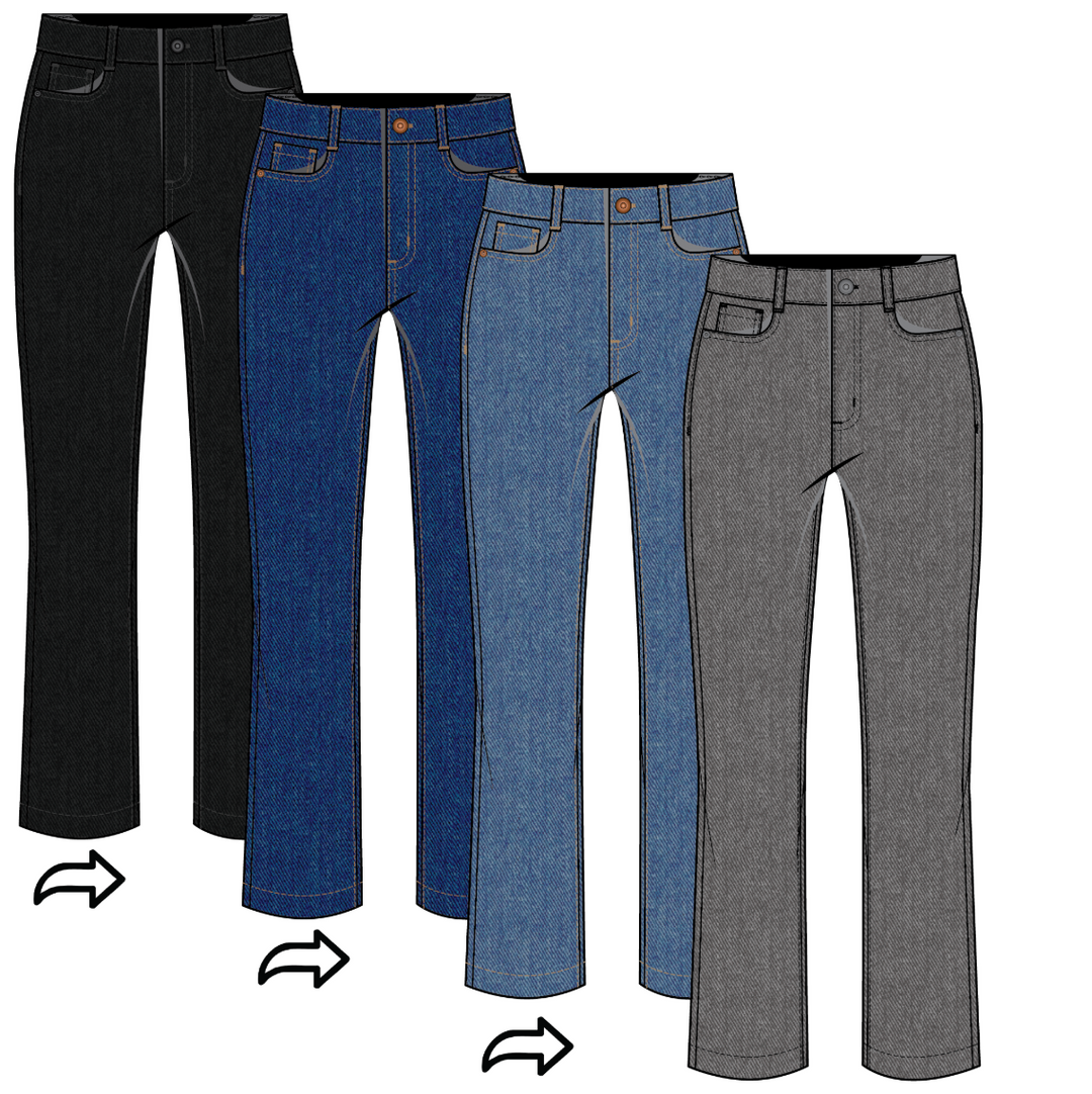Flat sketch illustration of the Audrey jean in four colorways — black, dark indigo, medium blue wash, and heather gray — shown as straight-leg denim silhouettes side by side.