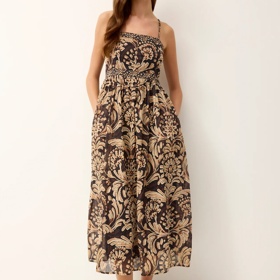 Woman wearing a floral patterned dress on a white background