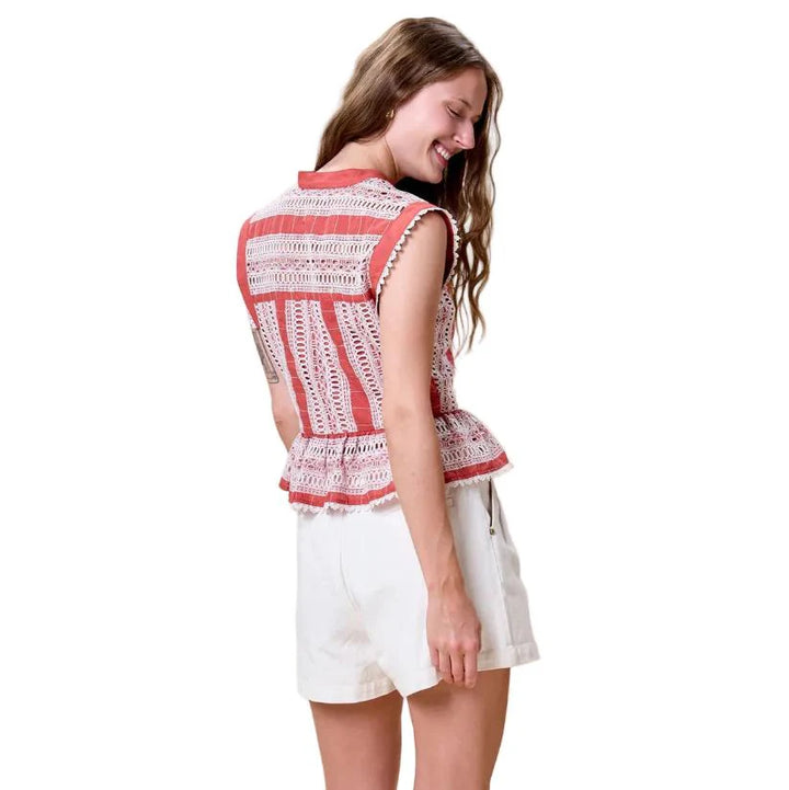 Sienna Top in paprika, sleeveless eyelet peplum with button-front placket and scalloped lace trim