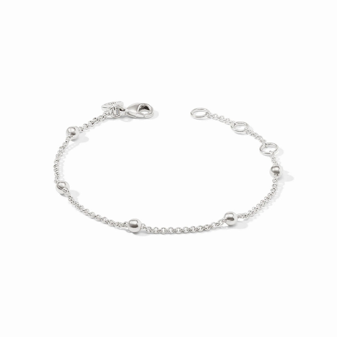 Julie Vos Solara Delicate Bracelet in silver plate with polished bead stations on a fine rolo chain and lobster clasp closure.