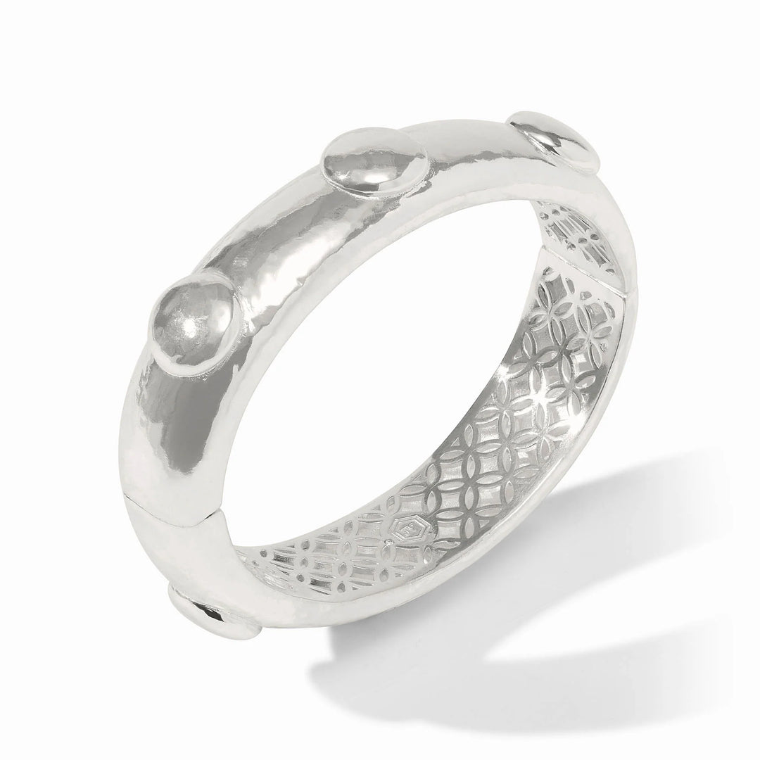 Julie Vos Solara Hinge Bangle in silver plate with hammered finish, dome stud accents, and engraved interior lattice pattern - detail inside