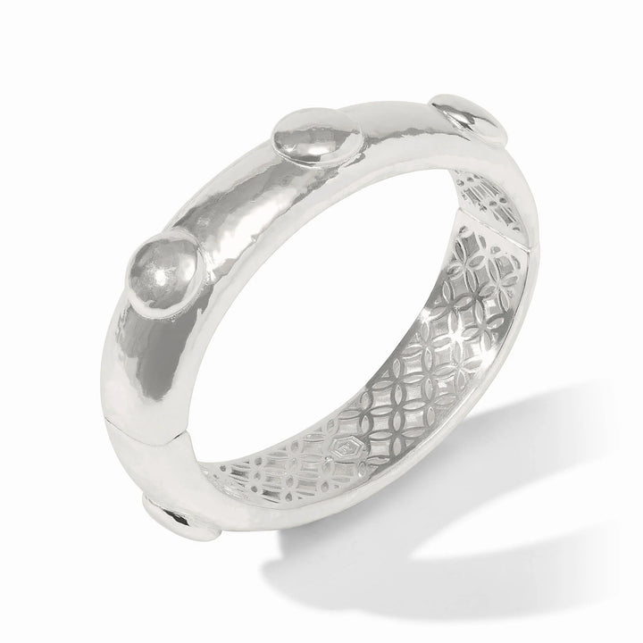 Julie Vos Solara Hinge Bangle in silver plate with hammered finish, dome stud accents, and engraved interior lattice pattern - detail inside