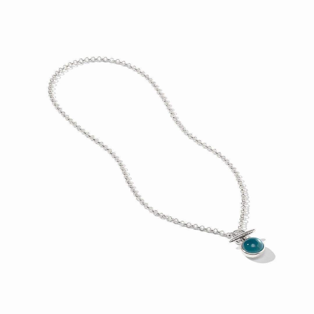 Julie Vos Solara Solitaire Necklace in silver plate with iridescent Montana Blue cabochon pendant on a rolo chain.