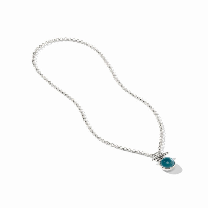 Julie Vos Solara Solitaire Necklace in silver plate with iridescent Montana Blue cabochon pendant on a rolo chain.