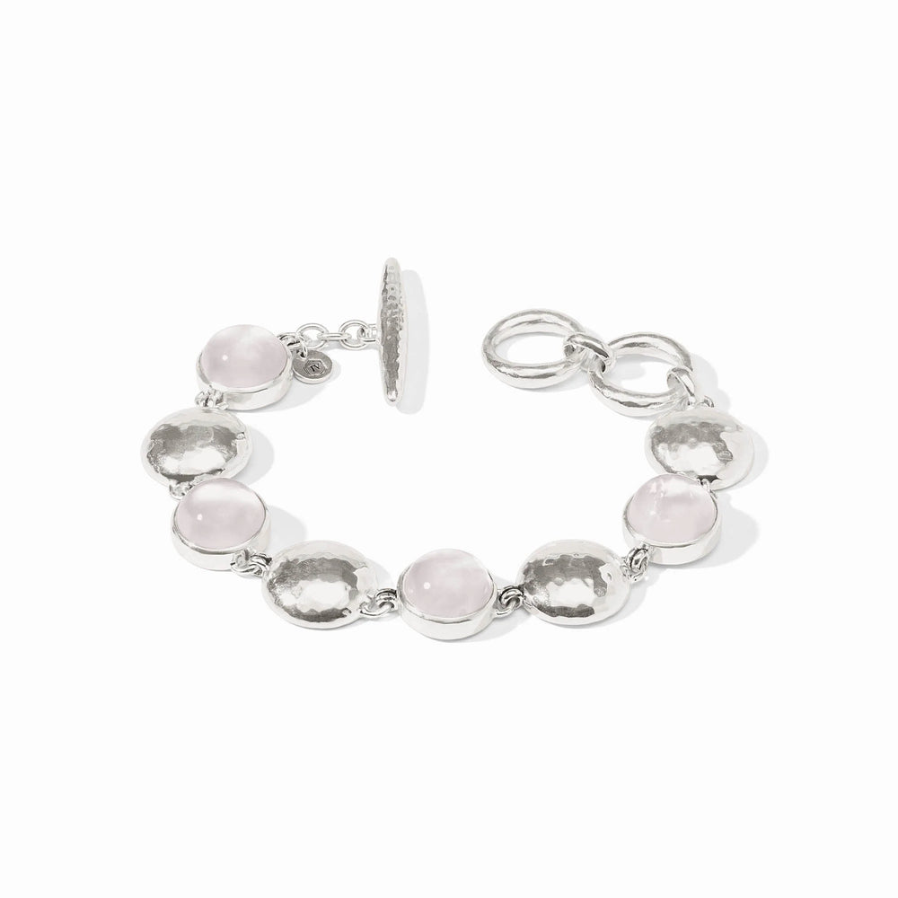 Julie Vos Solara Stone Bracelet in silver plate with cabochon stones alternating with hammered coin links and toggle closure.