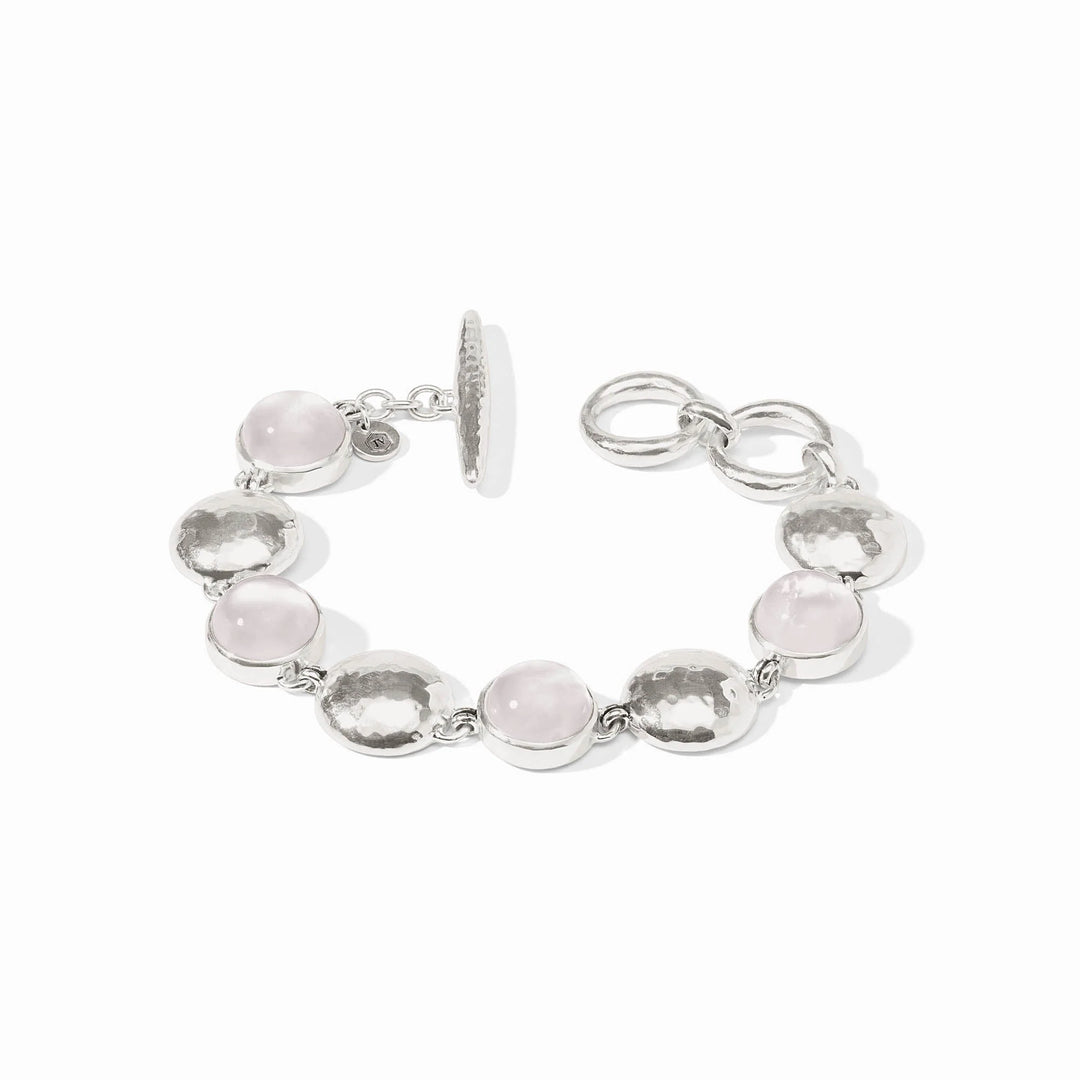 Julie Vos Solara Stone Bracelet in silver plate with cabochon stones alternating with hammered coin links and toggle closure.