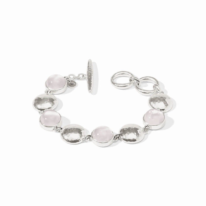 Julie Vos Solara Stone Bracelet in silver plate with cabochon stones alternating with hammered coin links and toggle closure.