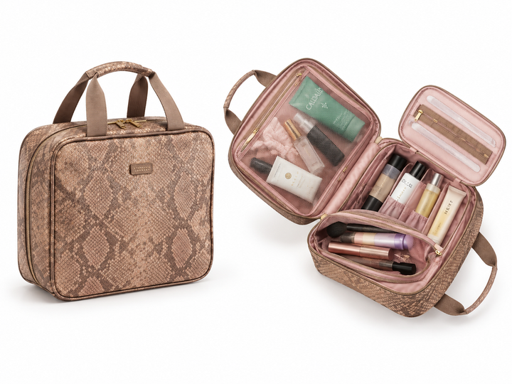 Stephanie Johnson Martha Large Briefcase in Phinda Latte, shown closed with tall dual handles and a diamond-patterned snakeskin exterior, and open to reveal multiple compartments filled with toiletries and cosmetics.