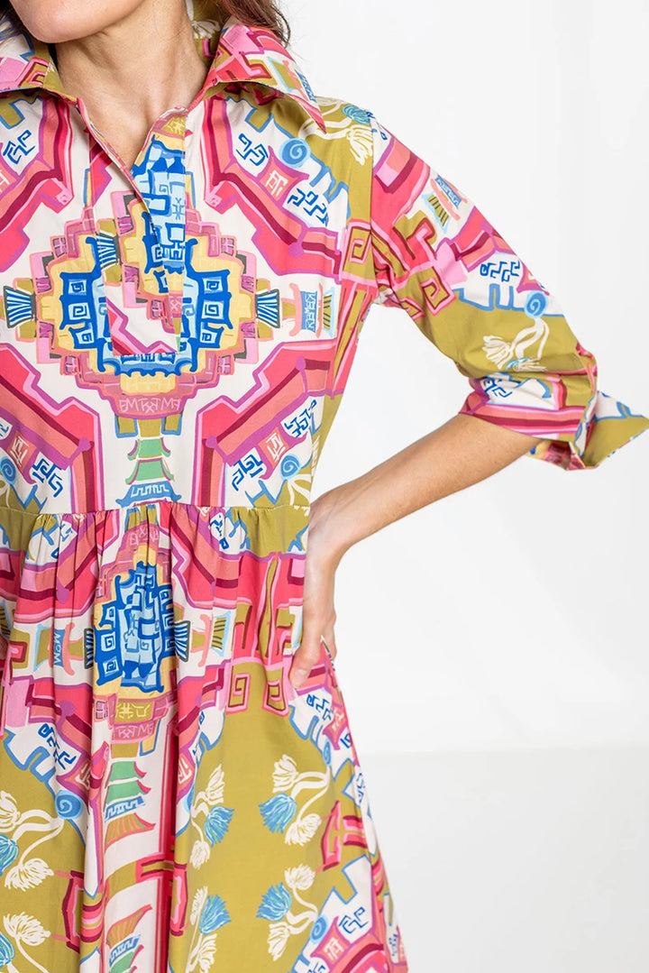 Close-up detail view: House of MBR Blythe Dress Short in Surcie© print, close crop on bodice and sleeve showing shirt collar, open placket, cuffed 3/4 sleeve, and intricate geometric medallion detail.