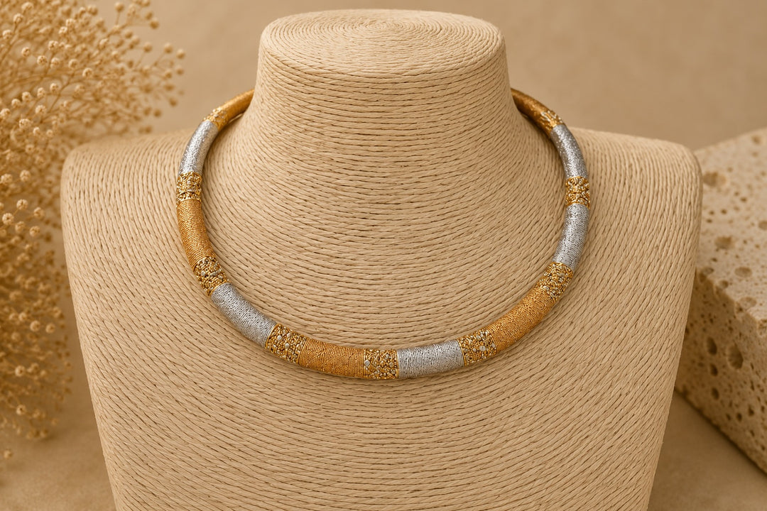 TRUSE Two-Tone Choker Necklace by Ximena Castillo, gold and silver banded rigid collar on woven display bust