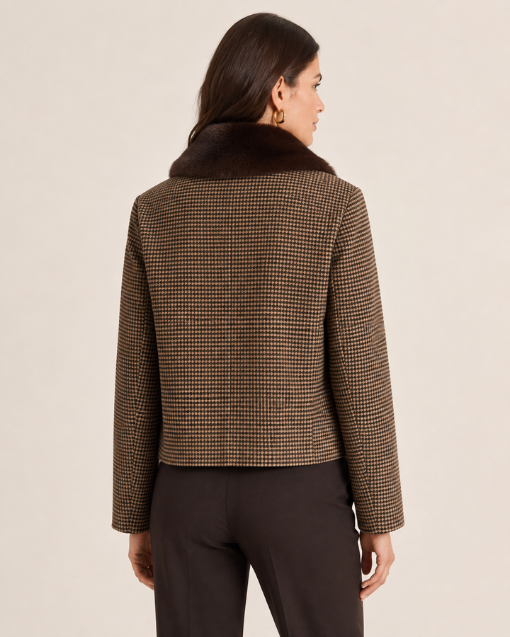 Tyler Boe Lucy Mixed Media Jacket in Dark Brown, back view, showing houndstooth back panel, fur collar, and cropped silhouette.