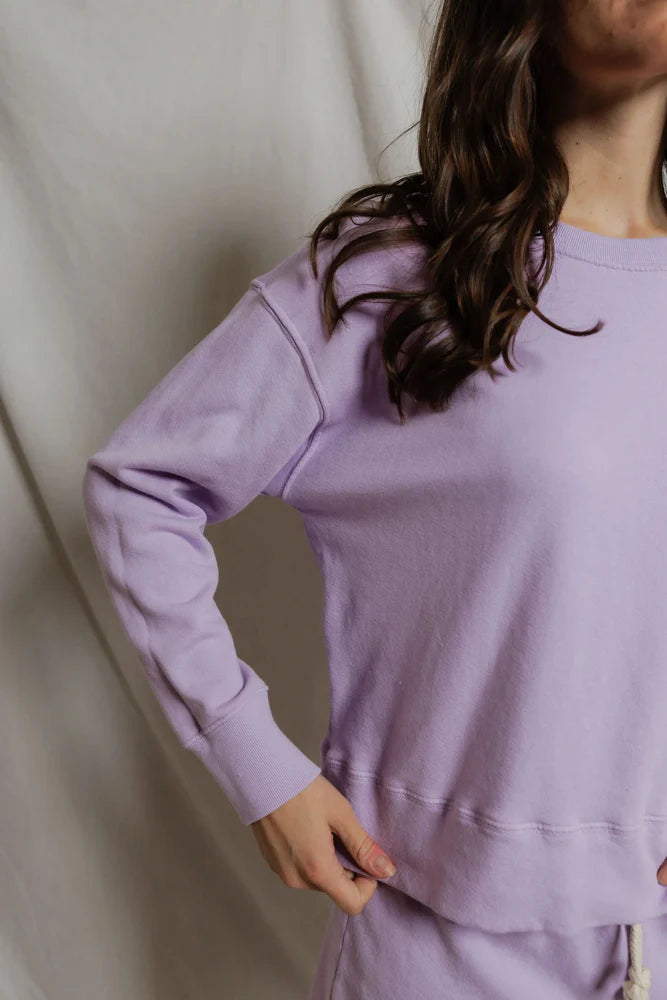 perfectwhitetee Tyler Sweatshirt in Ultraviolet, cropped crew neck with drop shoulders in cotton french terry
