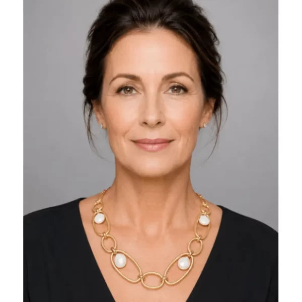 Gold Large Link Necklace W/ Freshwater Coin Pearls