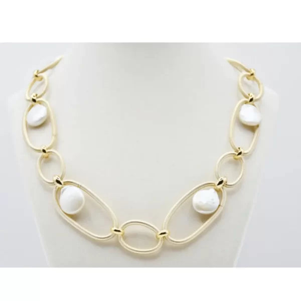 Gold Large Link Necklace W/ Freshwater Coin Pearls