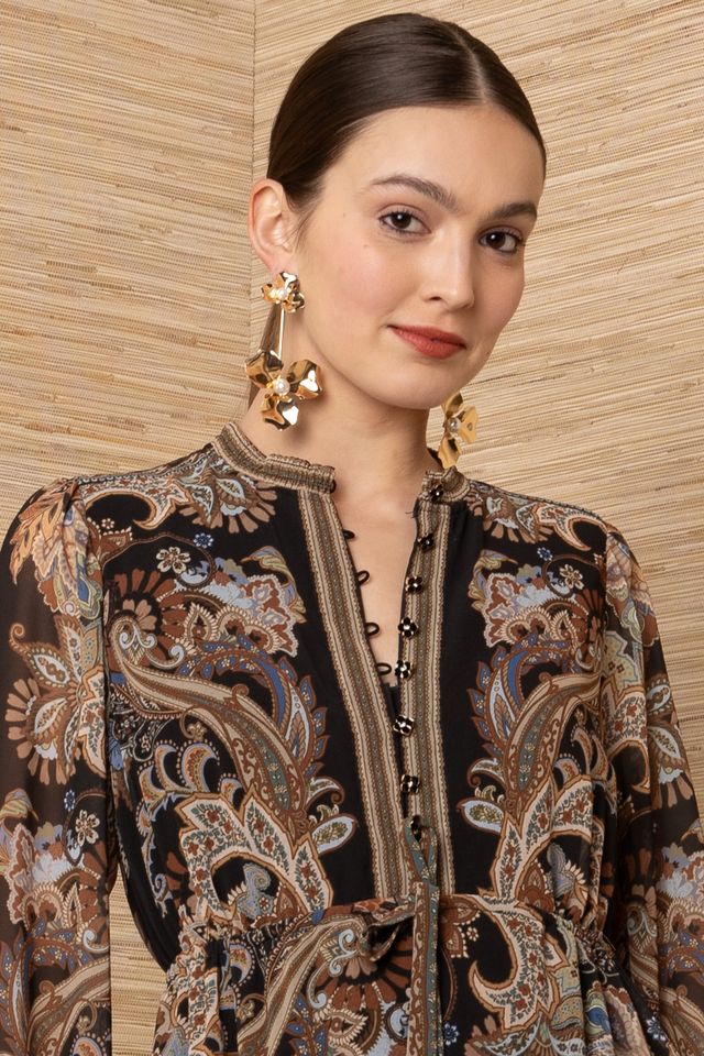 Hale Bob Isolde Long Sleeve Short Dress, black multi paisley print, close-up detail of collar and button placket