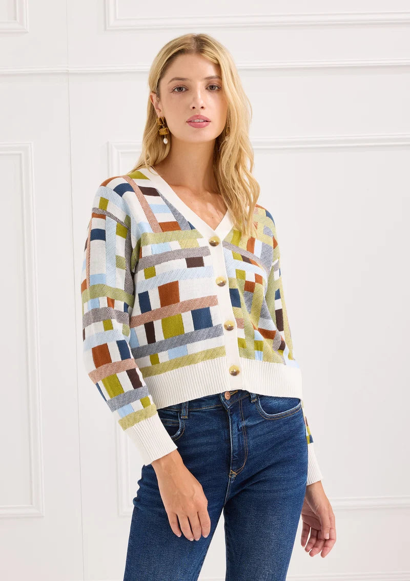 Alivia The Vivi Cardigan in River Loom Jacquard, front view on-model, full geometric patchwork print