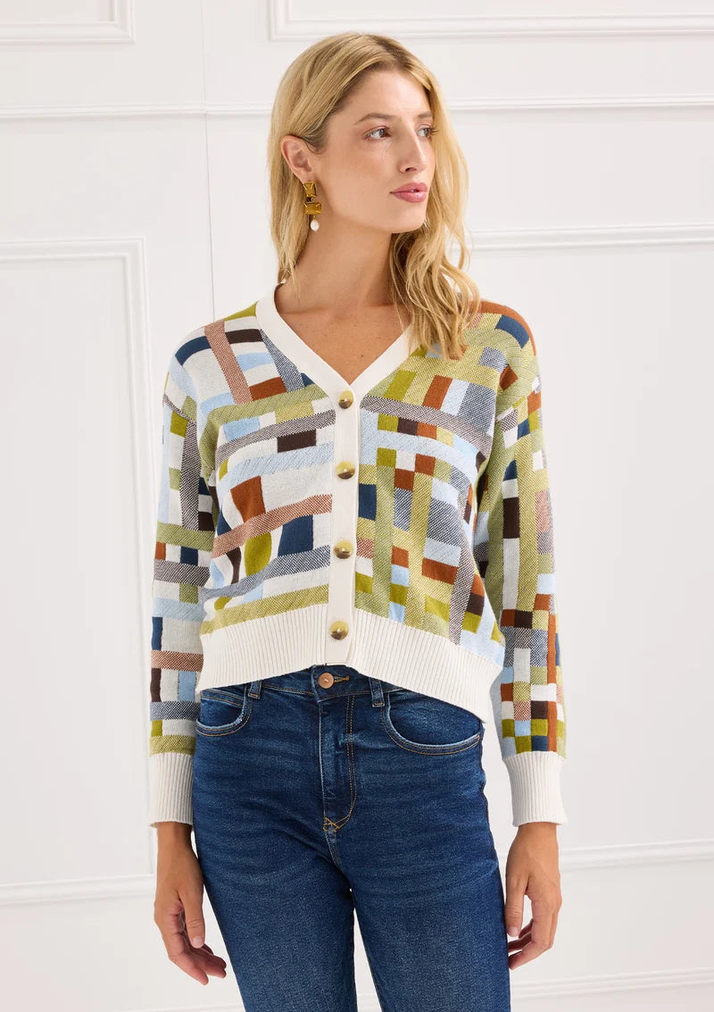 Alivia The Vivi Cardigan in River Loom Jacquard, three-quarter front view on-model