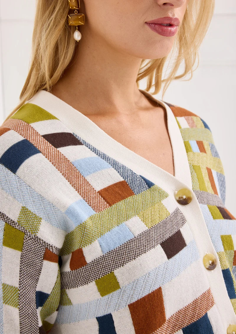 Alivia The Vivi Cardigan in River Loom Jacquard, close-up detail of V-neck, button placket, and contrast trim