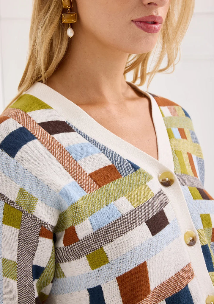 Alivia The Vivi Cardigan in River Loom Jacquard, close-up detail of V-neck, button placket, and contrast trim