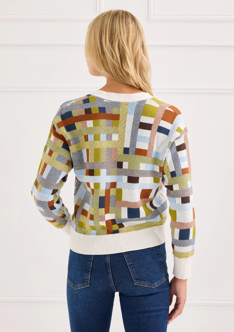 Alivia The Vivi Cardigan in River Loom Jacquard, back view on-model showing jacquard pattern
