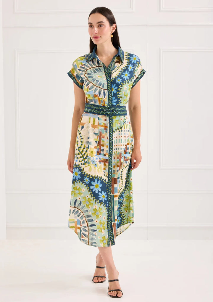Alivia The Willa Dress in Mosaic Meadow, front view on-model, three-quarter angle