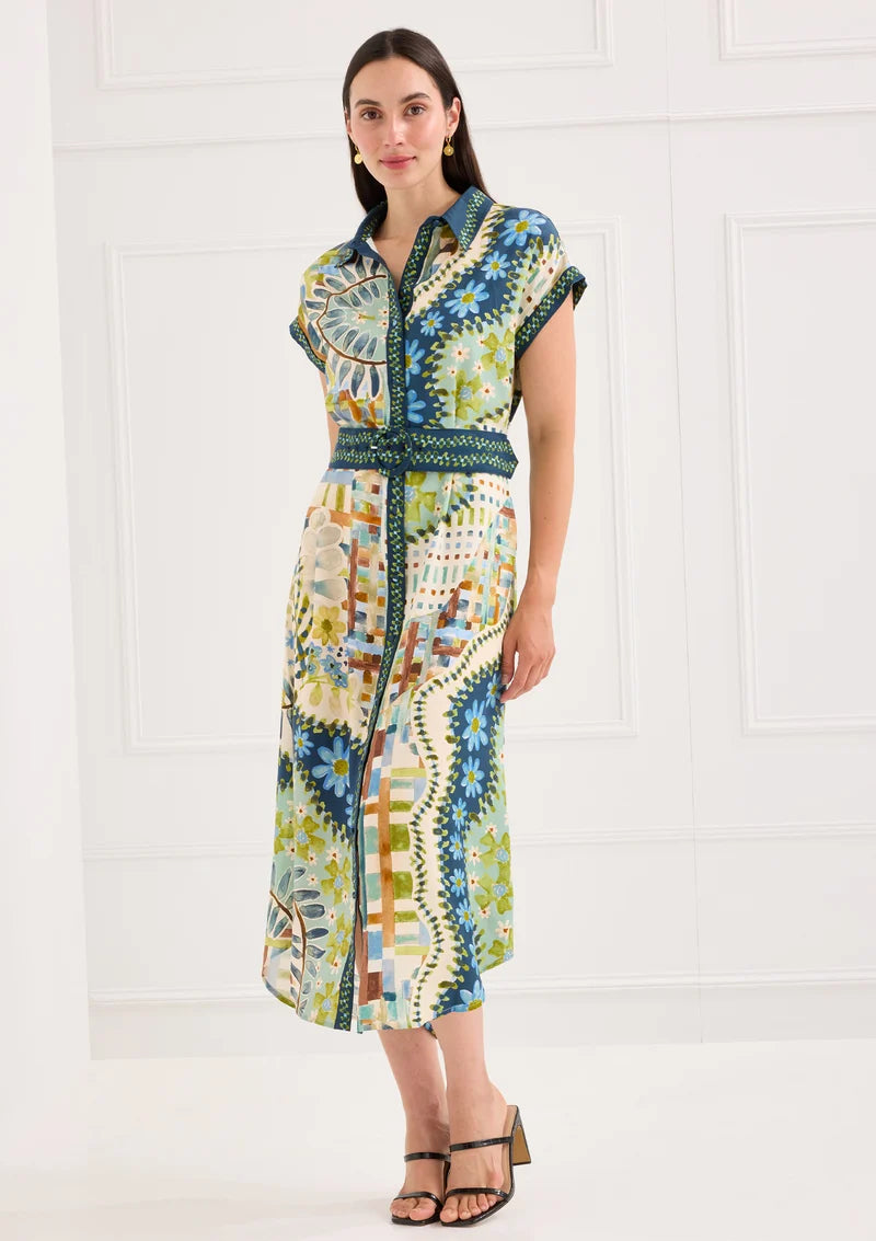 Alivia The Willa Dress in Mosaic Meadow, front view on-model, full-length showing belted silhouette