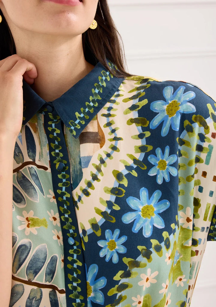 Alivia The Willa Dress in Mosaic Meadow, close-up detail of collar and button placket