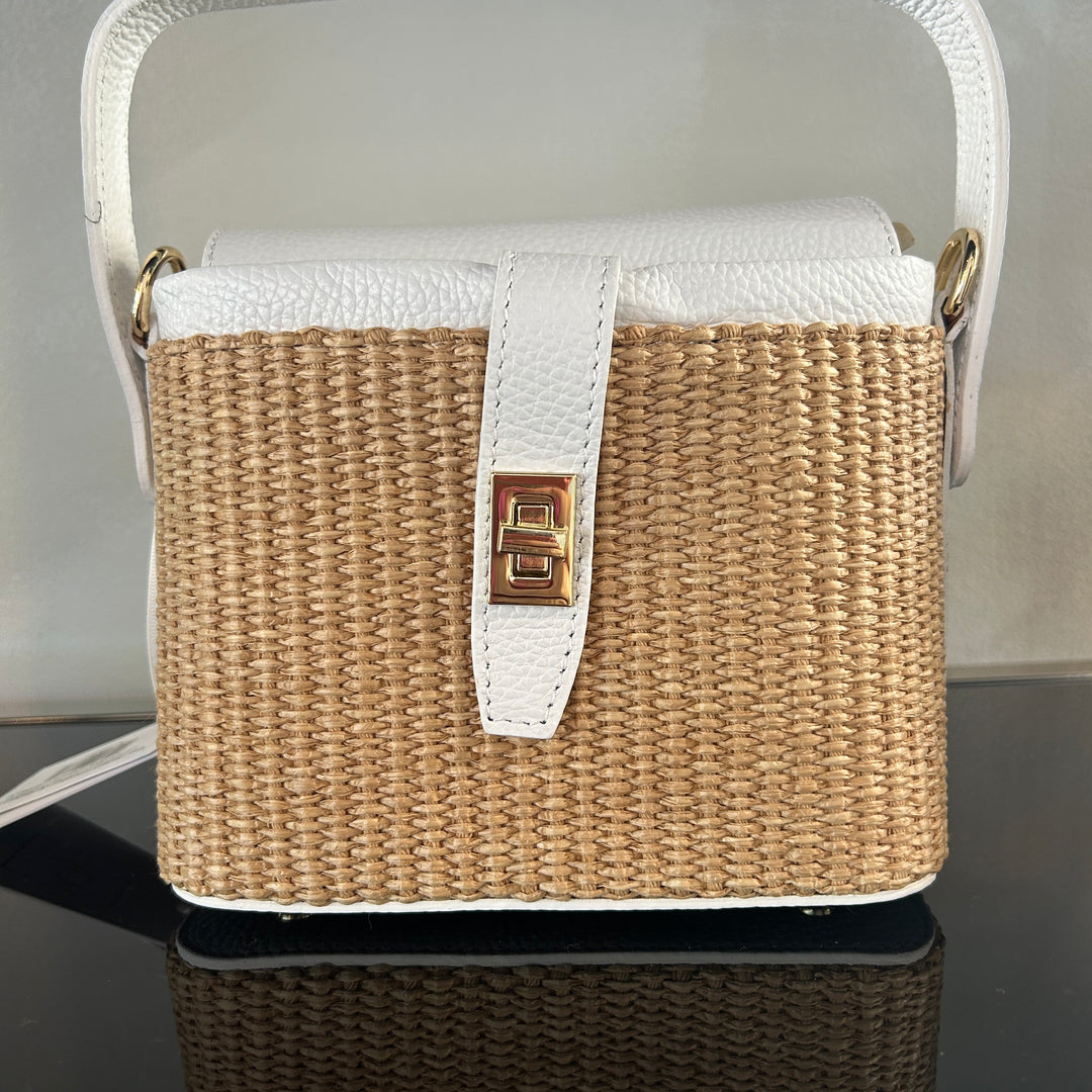 Italian Leather and Rattan Top Handle Bag with gold turn-lock clasp and metal feet - White