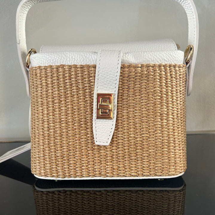 Italian Leather and Rattan Top Handle Bag with gold turn-lock clasp and metal feet - White